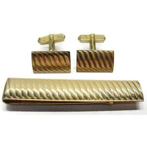Swank Cufflinks Tie Bar Set Gold Tone Ribbed Tux Shirt Dress Suit Vintage